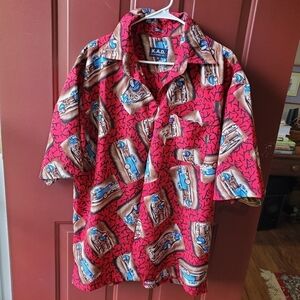 K.A.D. Clothing red antique retro car button down XL 100 Poly Great trav…